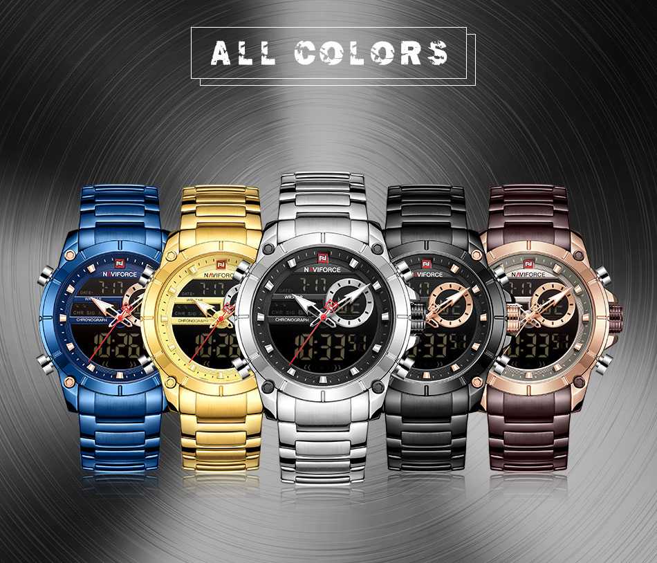 NAVIFORCE Luxury Original Men Sports Wrist Watch Gold Quartz Steel Waterproof Dual Display Clock Watches Relogio Masculino 9163