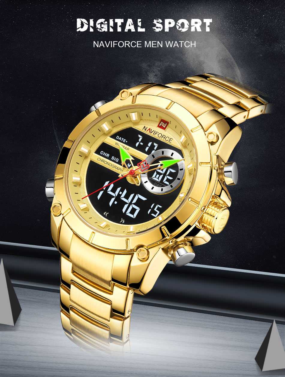 NAVIFORCE Luxury Original Men Sports Wrist Watch Gold Quartz Steel Waterproof Dual Display Clock Watches Relogio Masculino 9163