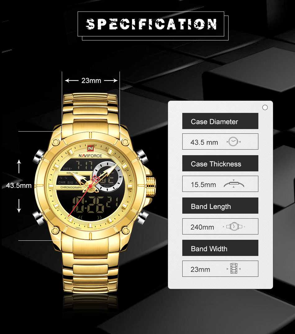 NAVIFORCE Luxury Original Men Sports Wrist Watch Gold Quartz Steel Waterproof Dual Display Clock Watches Relogio Masculino 9163