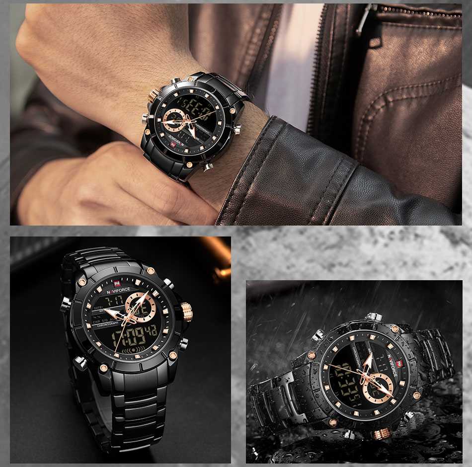 NAVIFORCE Luxury Original Men Sports Wrist Watch Gold Quartz Steel Waterproof Dual Display Clock Watches Relogio Masculino 9163