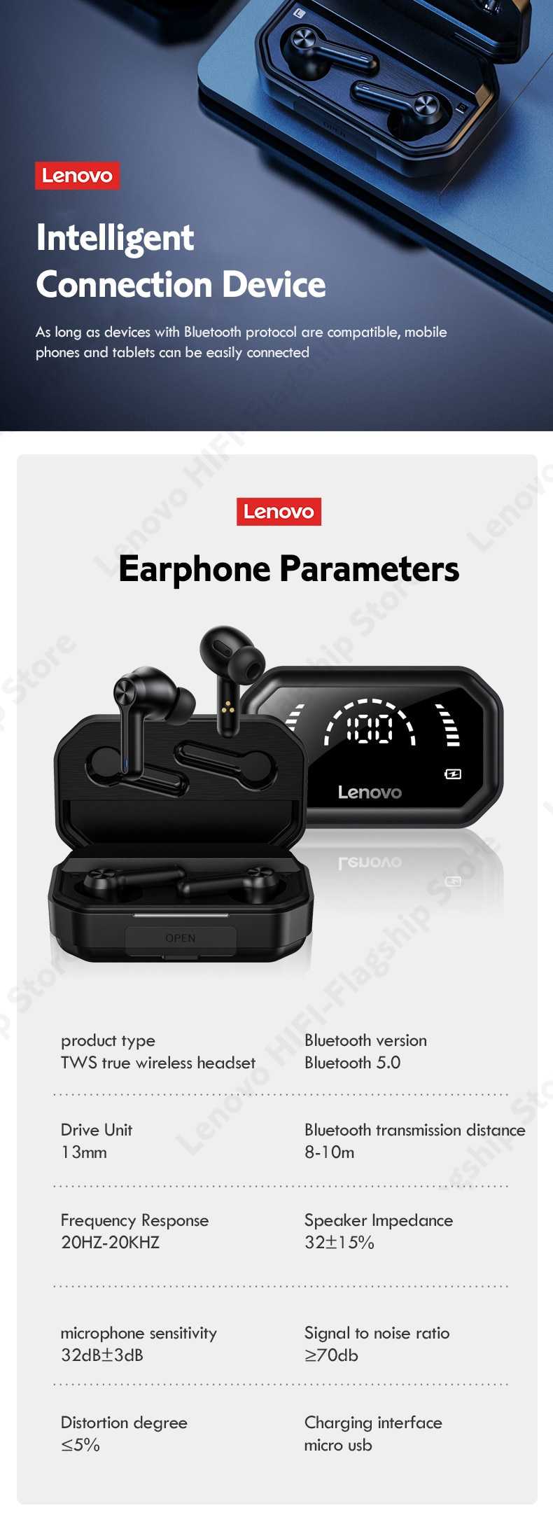 Lenovo LP3 PRO TWS Bluetooth 5.0 Headphone 1200mAh Large Capacity Battery Wireless Earphone HIFI Music Headset with Display