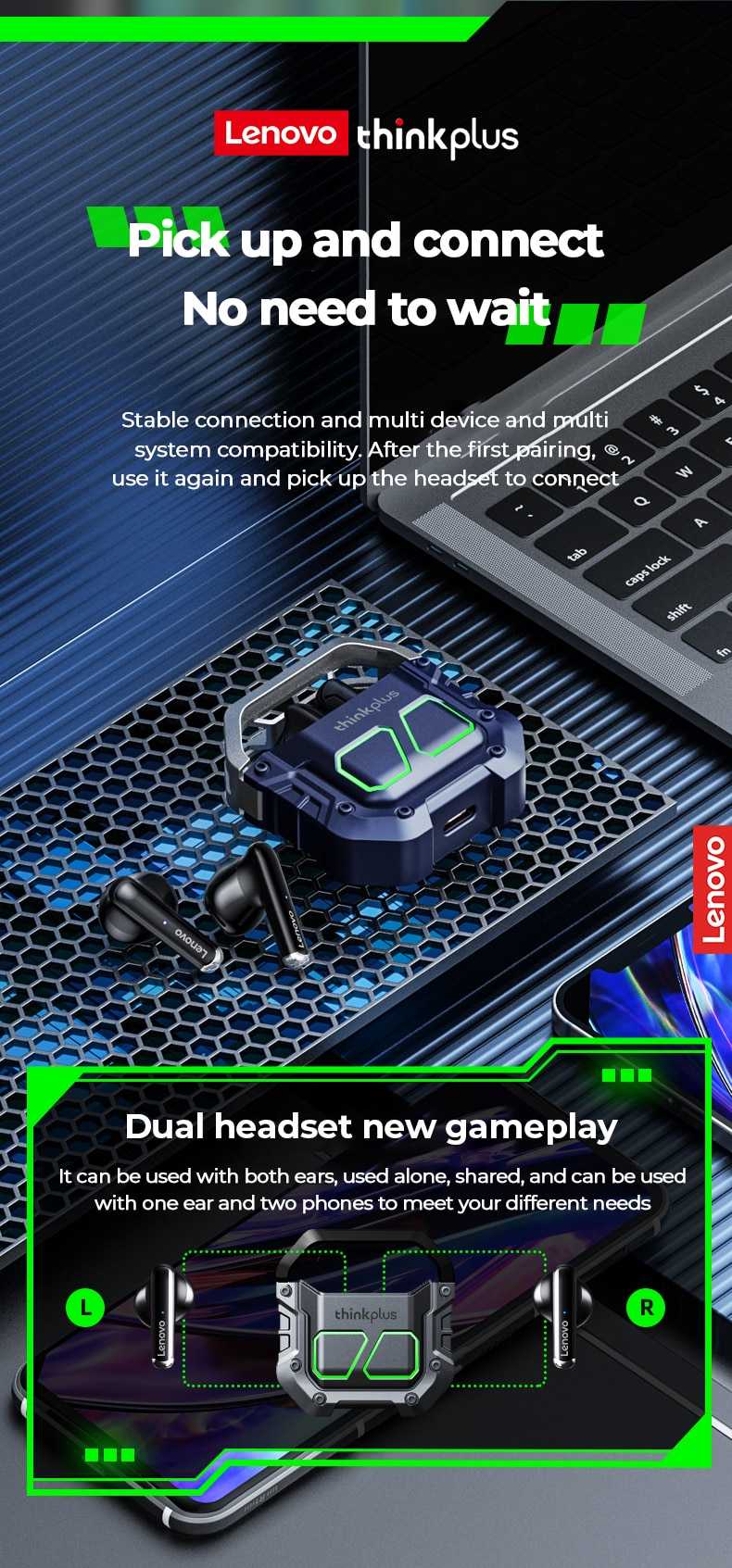 Lenovo XT81 Bluetooth Earphones Wireless Headphones Gamer Headset Waterproof TWS Noise Reduction With Microphone Sports Earbuds