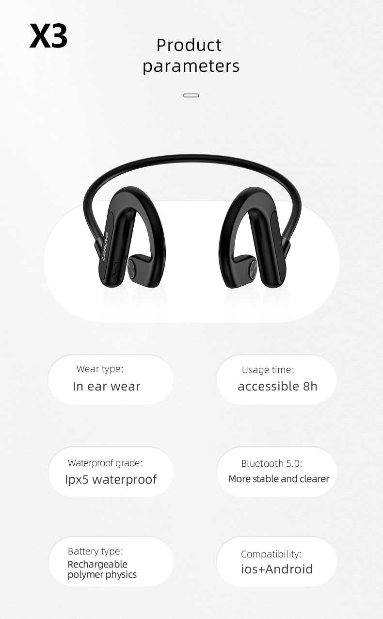 Lenovo Bone Conduction Earphones X3 X4 X5 X3 Pro Bluetooth Hifi Ear-hook Wireless Headset with Mic Waterproof Earbud