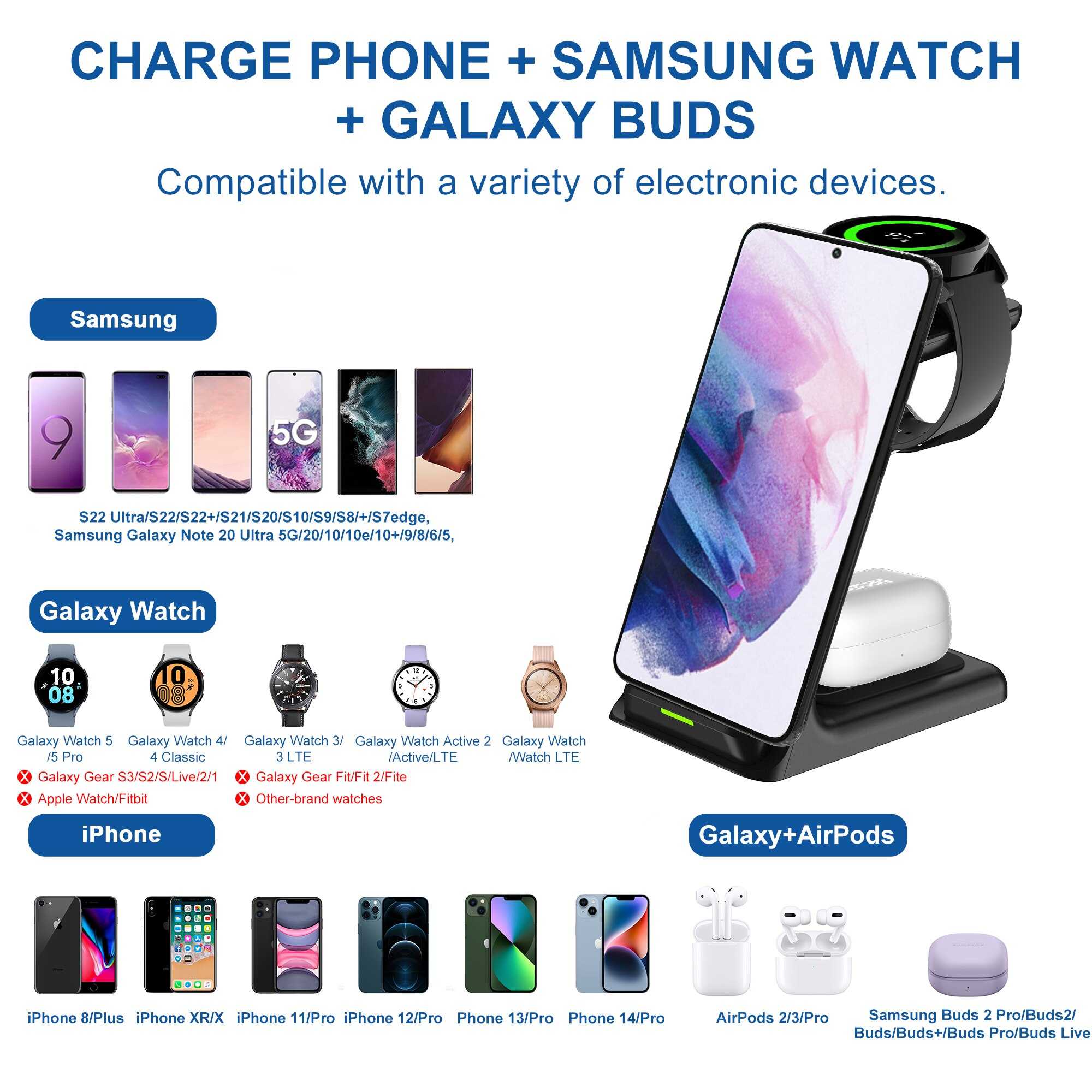 20W Wireless Chargers Stand Fast Charging Station for iPhone 14 13 iWatch 8 7 Samsung Z Fold3 Z Flip3 S21 S20 Galaxy Watch 5 4 3