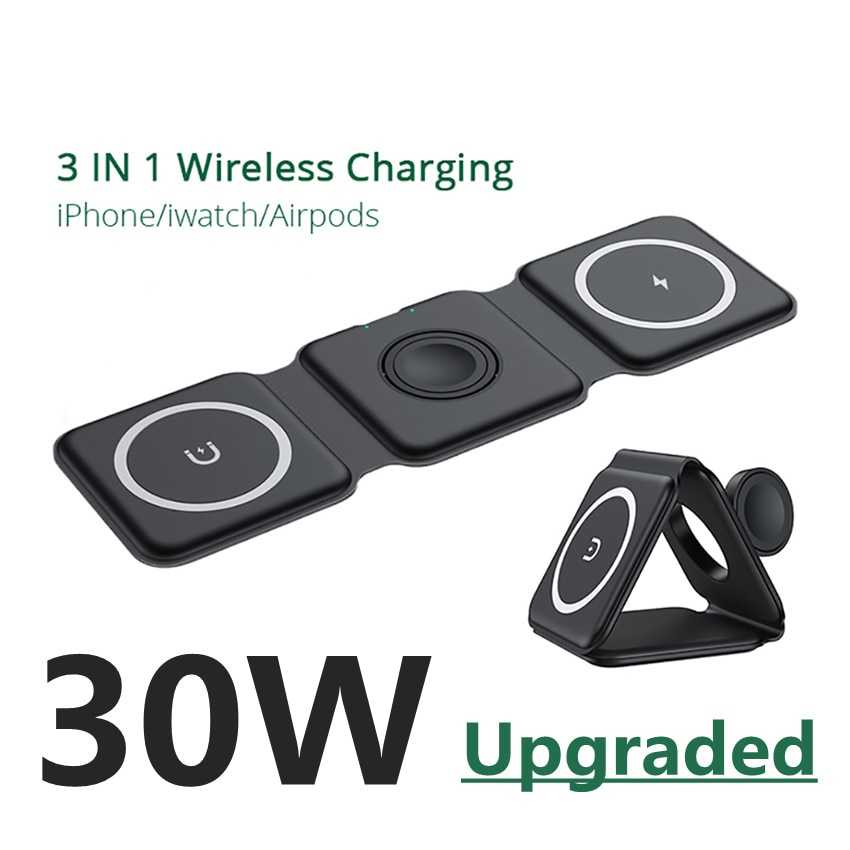 30W 3 in 1 Magnetic Wireless Charger Stand Pad Foldable for iPhone 13 12 11 Pro Max Airpods Pro iWatch 7 6 Fast Charging Station