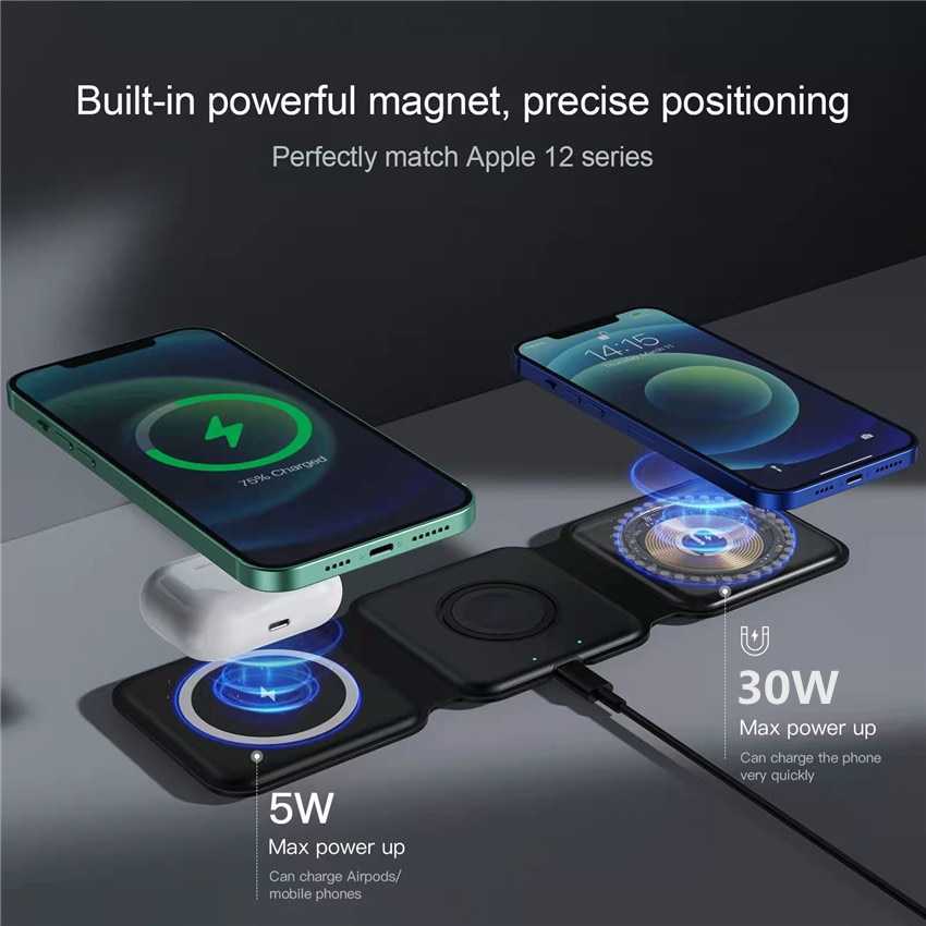 30W 3 in 1 Magnetic Wireless Charger Stand Pad Foldable for iPhone 13 12 11 Pro Max Airpods Pro iWatch 7 6 Fast Charging Station