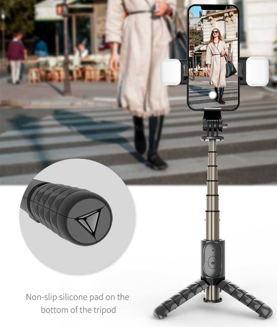 Double Fill Light Selfie Stick Tripod with Wireless Remote, Mini Extendable 4 in 1 Monopod - 360° Rotation Phone Stand Holder