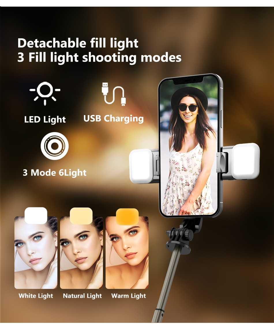 Double Fill Light Selfie Stick Tripod with Wireless Remote, Mini Extendable 4 in 1 Monopod - 360° Rotation Phone Stand Holder