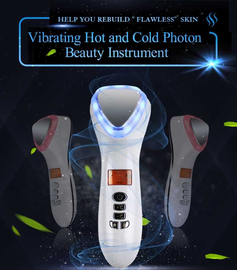 LED Hot Cold Face Skin Care Device Massager Hammer Ultrasonic Cryotherapy Facial Vibration Red Blue Light Ion Beauty Instrument