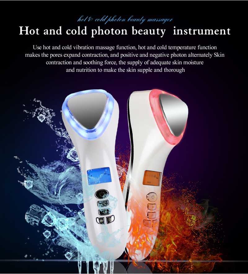 LED Hot Cold Face Skin Care Device Massager Hammer Ultrasonic Cryotherapy Facial Vibration Red Blue Light Ion Beauty Instrument