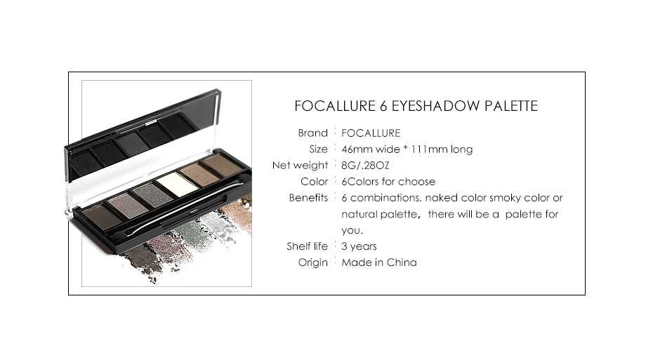 FOCALLURE 6 Colors Eyeshadow Palette Glamorous Smokey Eye Shadow Shimmer Glitter Smooth Creamy Powder Makeup Cosmetic