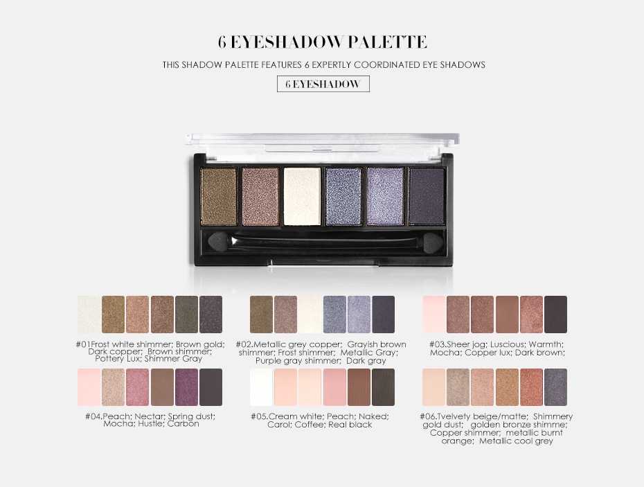 FOCALLURE 6 Colors Eyeshadow Palette Glamorous Smokey Eye Shadow Shimmer Glitter Smooth Creamy Powder Makeup Cosmetic