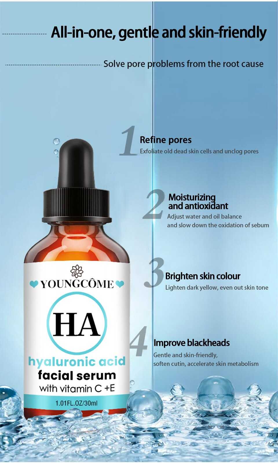 YOUNGCOME 30ml 50ml Vitamin C Retinol Facial Serum Whitening Brightening Moisturizing Lighten Spots Hyaluronic Acid Eyes Essence