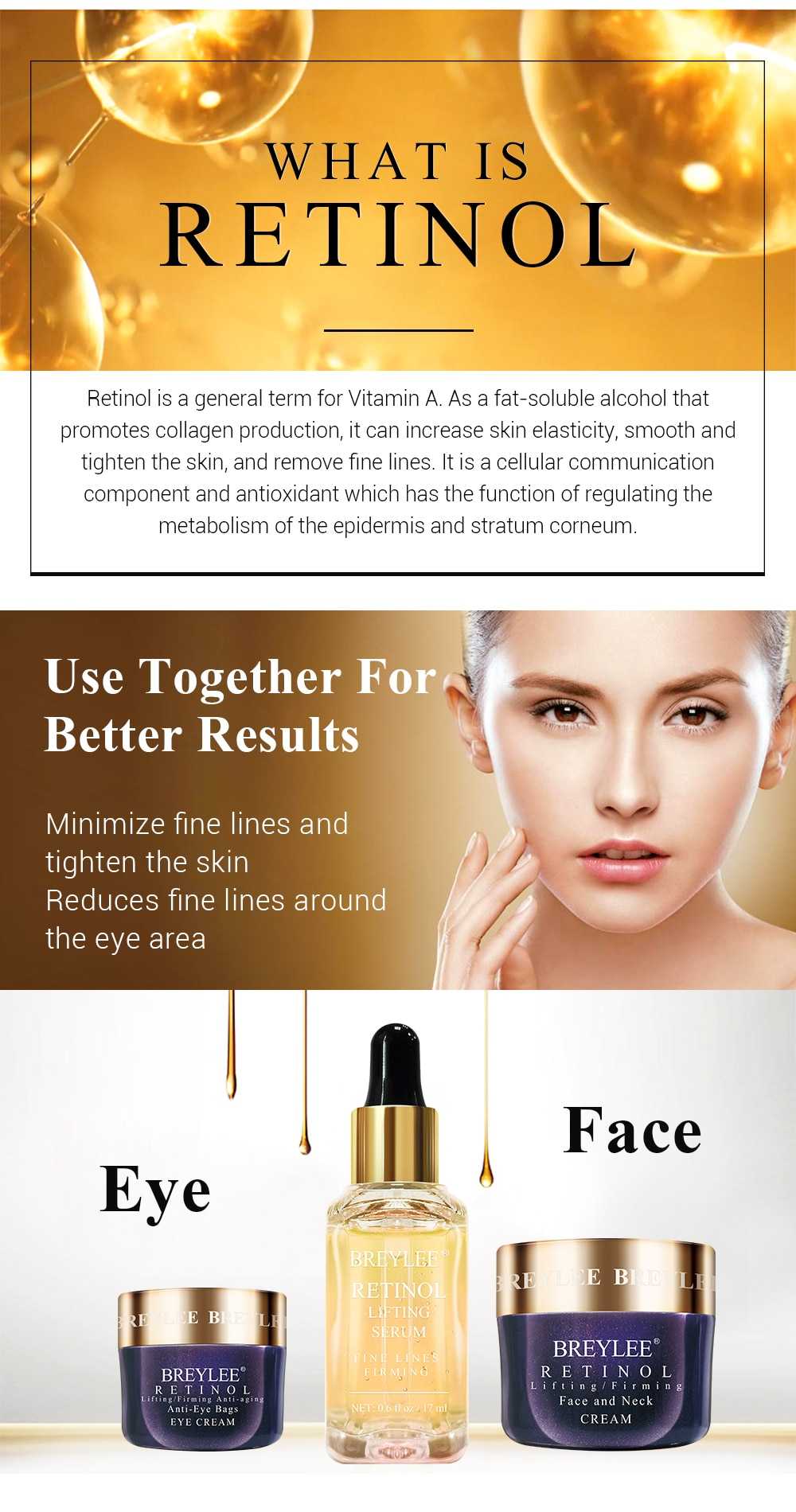 BREYLEE Retinol Series Anti Aging Firming Face Mask Facial Eye Cream Serum Remove Fine Lines Wrinkles Tighten Skin Care Essence