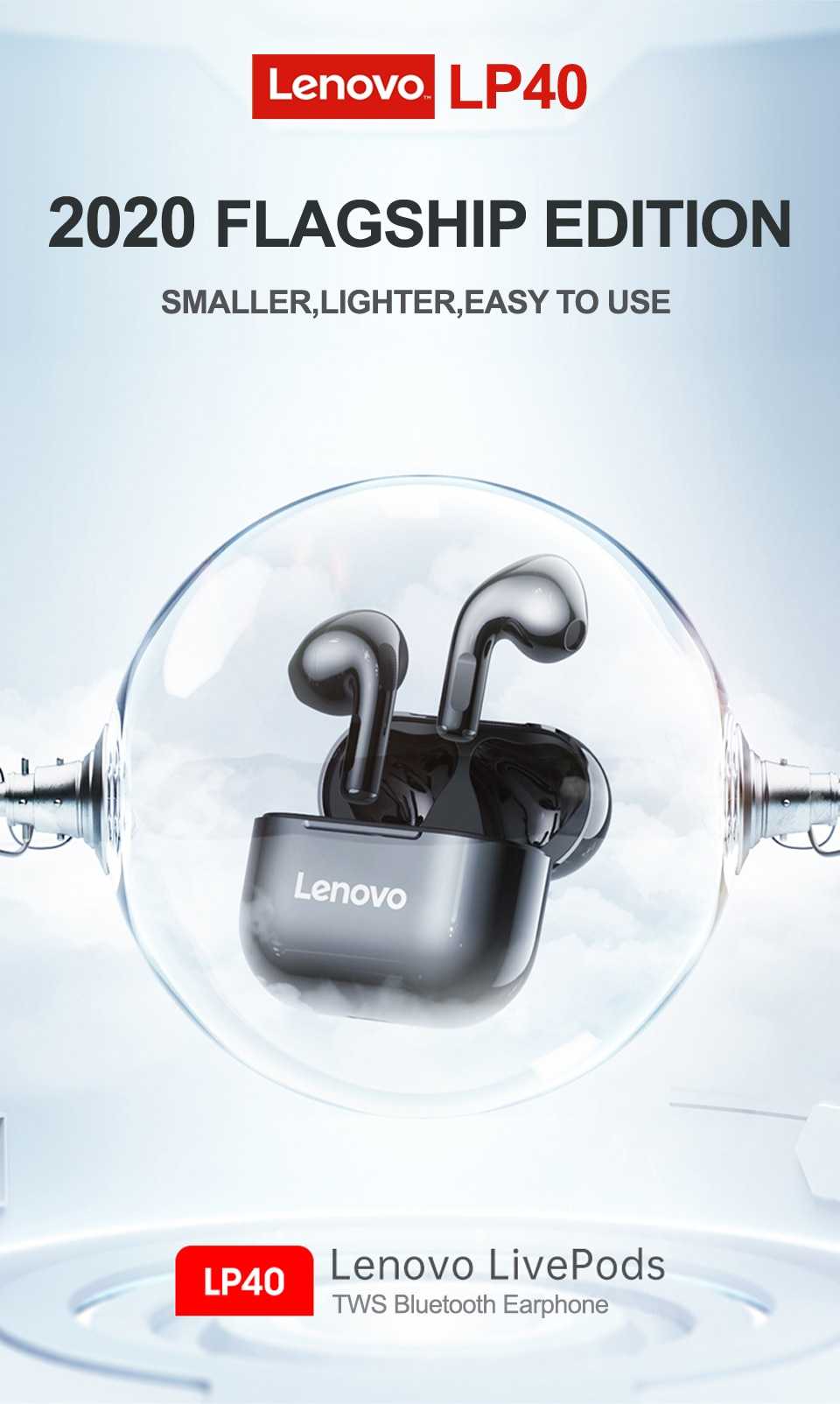 NEW Original Lenovo LP40 TWS Wireless Earphone Bluetooth 5.0 Dual Stereo Noise Reduction Bass Touch Control Long Standby 230mAH