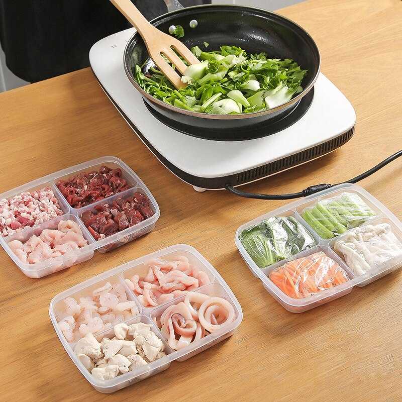 4 Grids Food Preparation Storage Box Compartment Refrigerator Freezer Organizers Sub-Packed Meat Onion Ginger Dishes Crisper