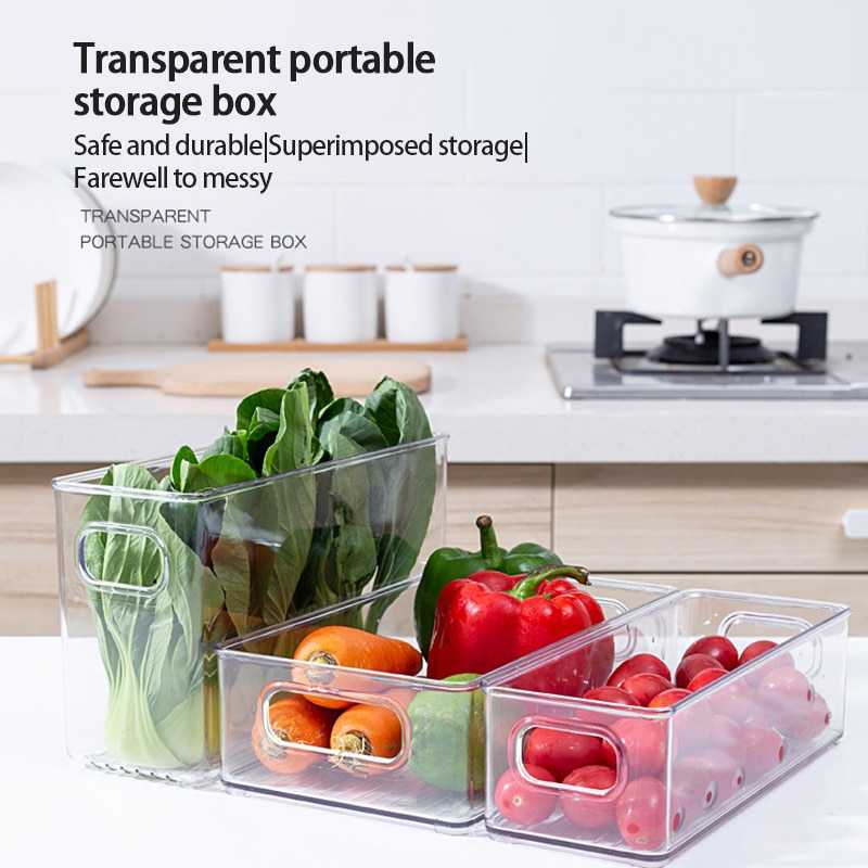 1pc S/M/L 3 Sizes Refrigerator Organizer Plastic Transparent Stackable Drawer Food Storage Bins With Handles Kitchen Accessory