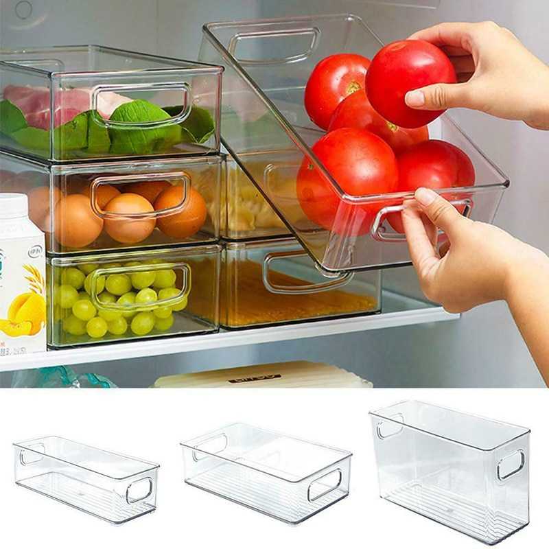 1pc S/M/L 3 Sizes Refrigerator Organizer Plastic Transparent Stackable Drawer Food Storage Bins With Handles Kitchen Accessory