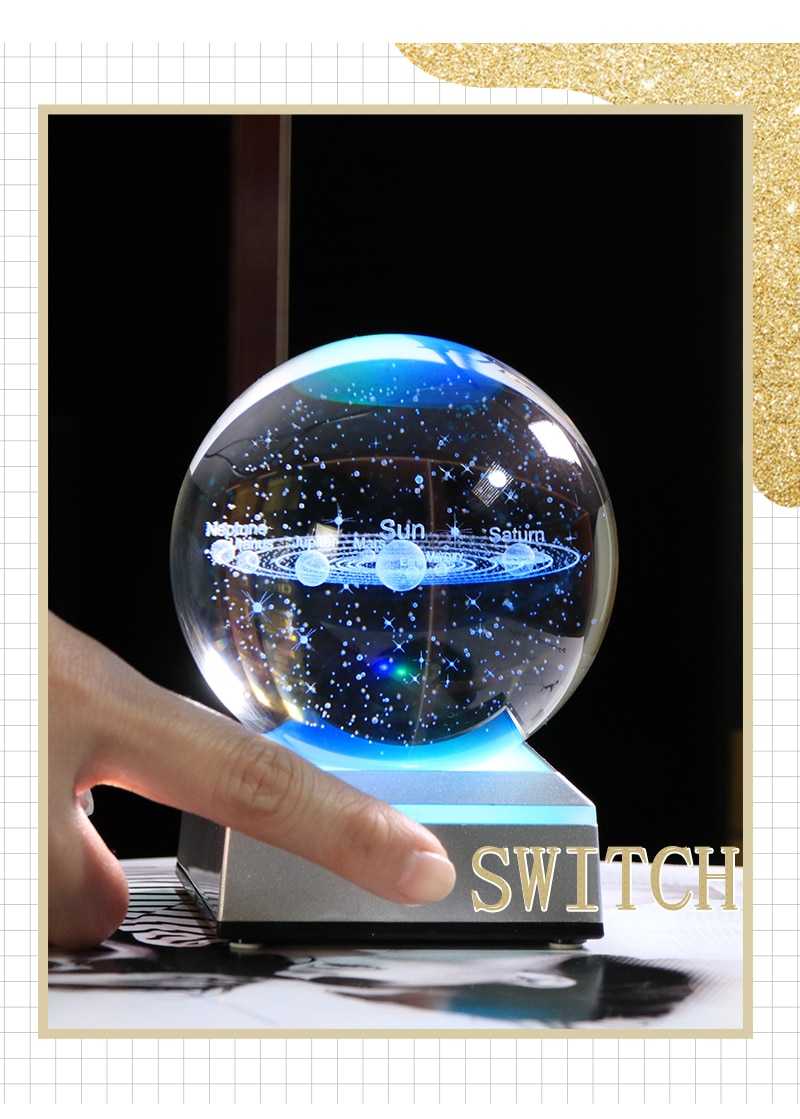 New 80mm K9 Crystal Solar System Planet Globe 3D Laser Engraved Sun System Ball with Touch Switch LED Light Base Astronomy Gifts