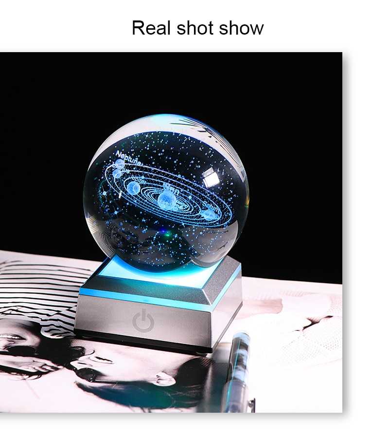 New 80mm K9 Crystal Solar System Planet Globe 3D Laser Engraved Sun System Ball with Touch Switch LED Light Base Astronomy Gifts