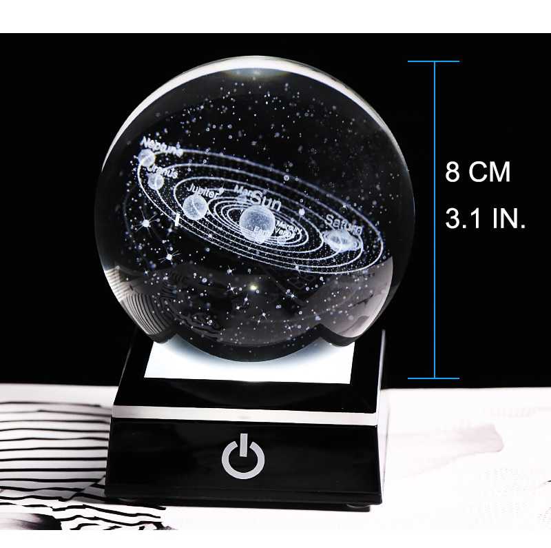 New 80mm K9 Crystal Solar System Planet Globe 3D Laser Engraved Sun System Ball with Touch Switch LED Light Base Astronomy Gifts