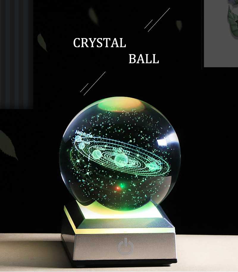 New 80mm K9 Crystal Solar System Planet Globe 3D Laser Engraved Sun System Ball with Touch Switch LED Light Base Astronomy Gifts