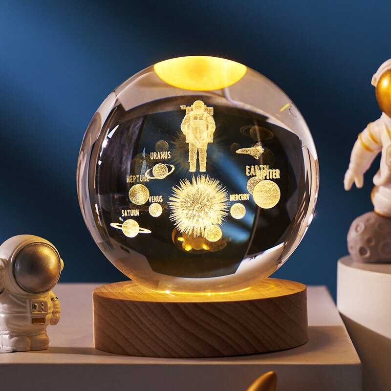 Astronomy 3D Solar System Crystal Ball with LED Lighting Sphere Stand Holder Laser Engraving Glass Ball Decoration Photo Props