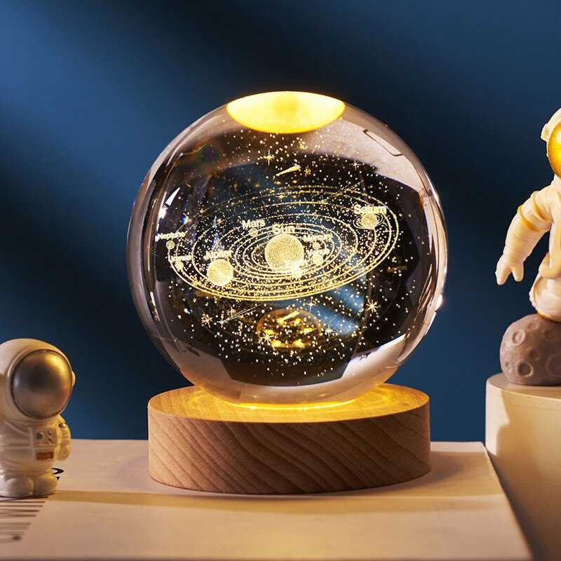 Astronomy 3D Solar System Crystal Ball with LED Lighting Sphere Stand Holder Laser Engraving Glass Ball Decoration Photo Props