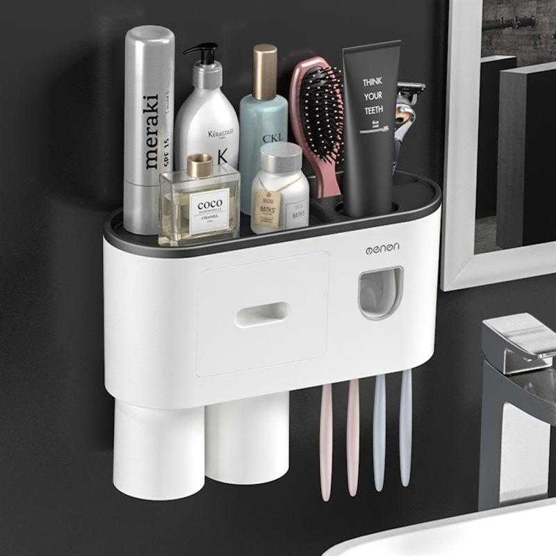 Toothbrush Holder Double Automatic Toothpaste Dispenser Magnetic Adsorption Inverted Cup Storage Rack Bathroom Accessories