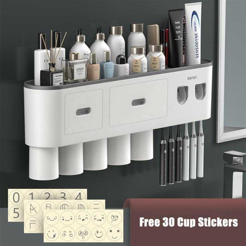 Toothbrush Holder Double Automatic Toothpaste Dispenser Magnetic Adsorption Inverted Cup Storage Rack Bathroom Accessories