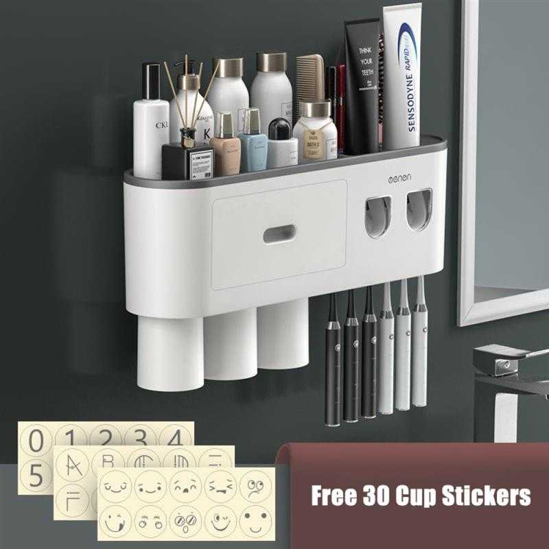 Toothbrush Holder Double Automatic Toothpaste Dispenser Magnetic Adsorption Inverted Cup Storage Rack Bathroom Accessories