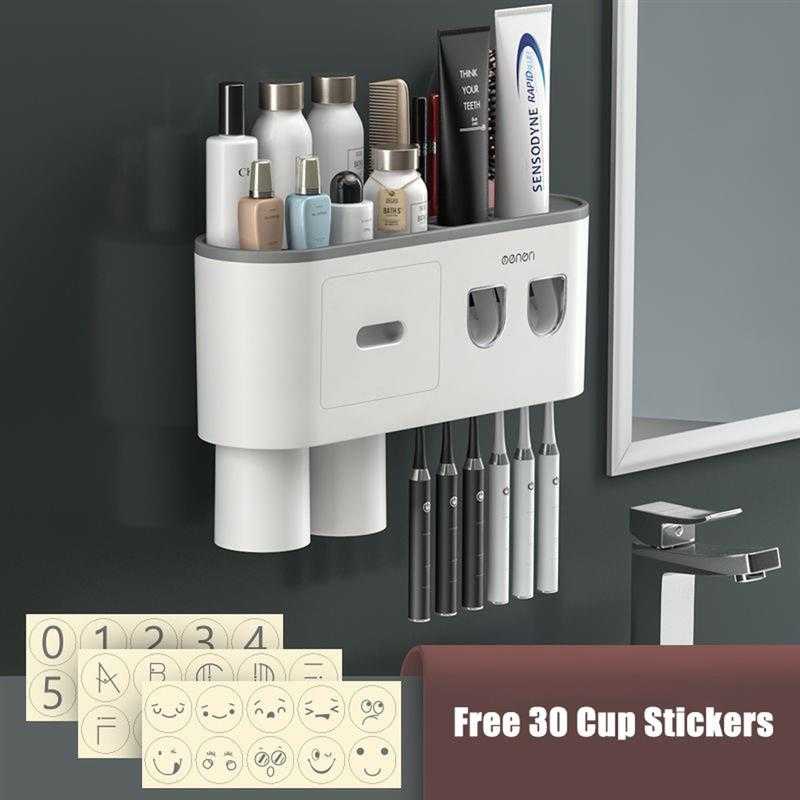 Toothbrush Holder Double Automatic Toothpaste Dispenser Magnetic Adsorption Inverted Cup Storage Rack Bathroom Accessories