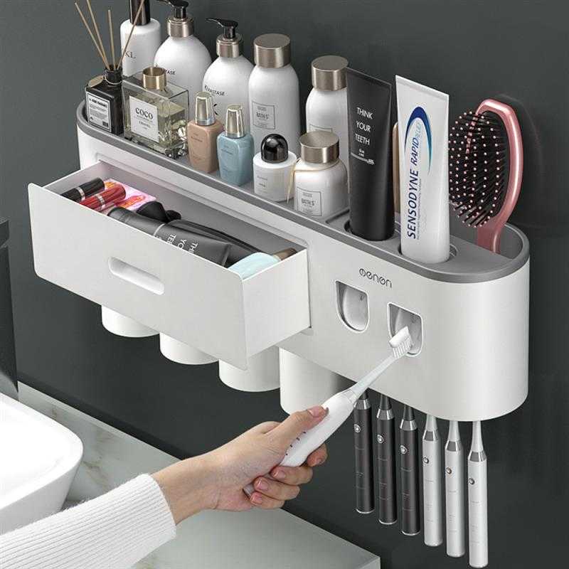 Toothbrush Holder Double Automatic Toothpaste Dispenser Magnetic Adsorption Inverted Cup Storage Rack Bathroom Accessories