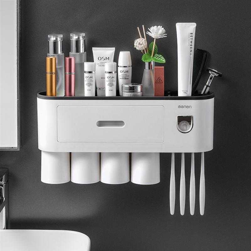 Toothbrush Holder Double Automatic Toothpaste Dispenser Magnetic Adsorption Inverted Cup Storage Rack Bathroom Accessories