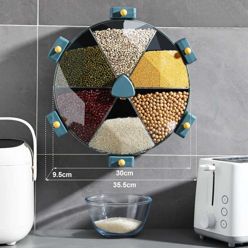 Wall Mounted Grain Storage Container Rice Dispenser 360 Degree Rotation 6 Grids Moisture Proof Kitchen Food Storage Organizers