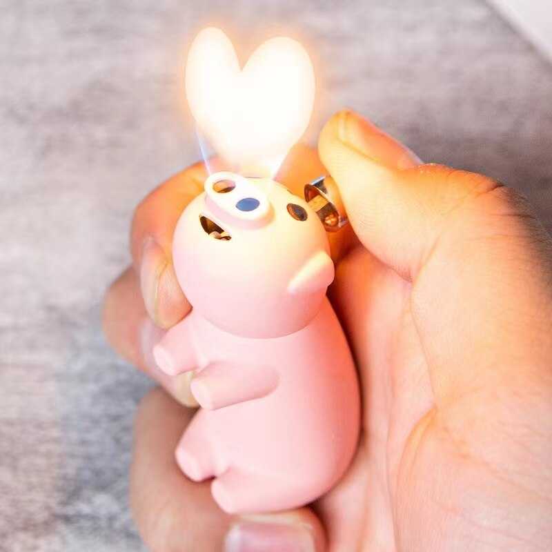 New Unusual Creative Double Fire Lighter Open Fire Inflatable Smiling Face Cute Pig Shape Lighter Gift Cigarette Accessories