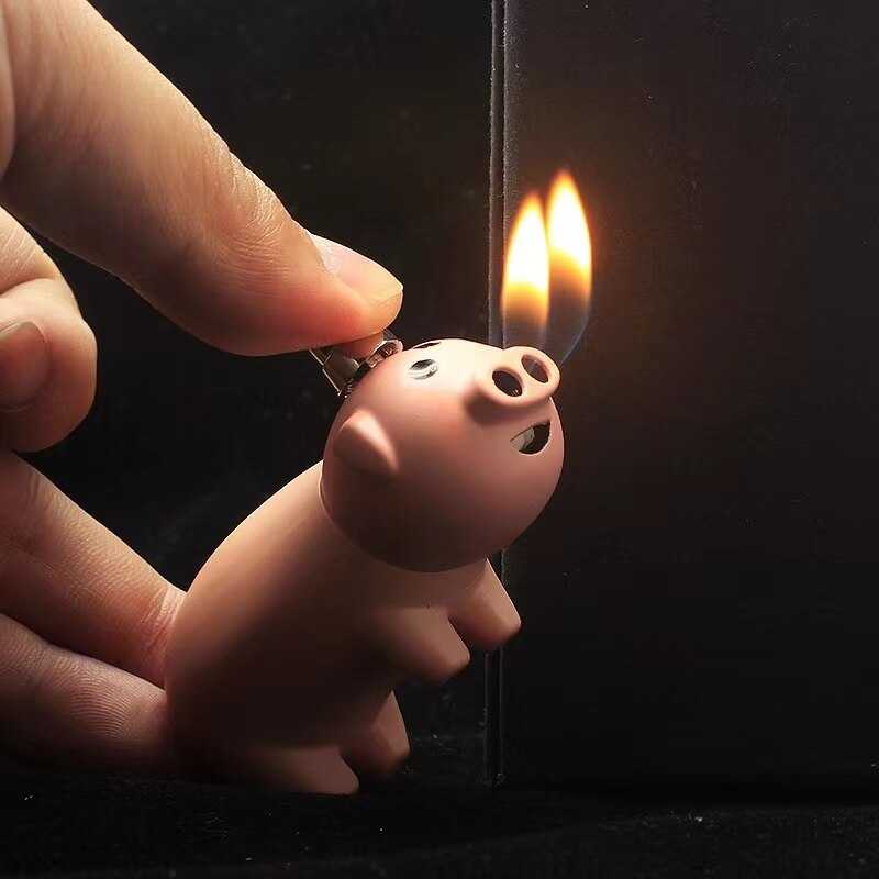 New Unusual Creative Double Fire Lighter Open Fire Inflatable Smiling Face Cute Pig Shape Lighter Gift Cigarette Accessories