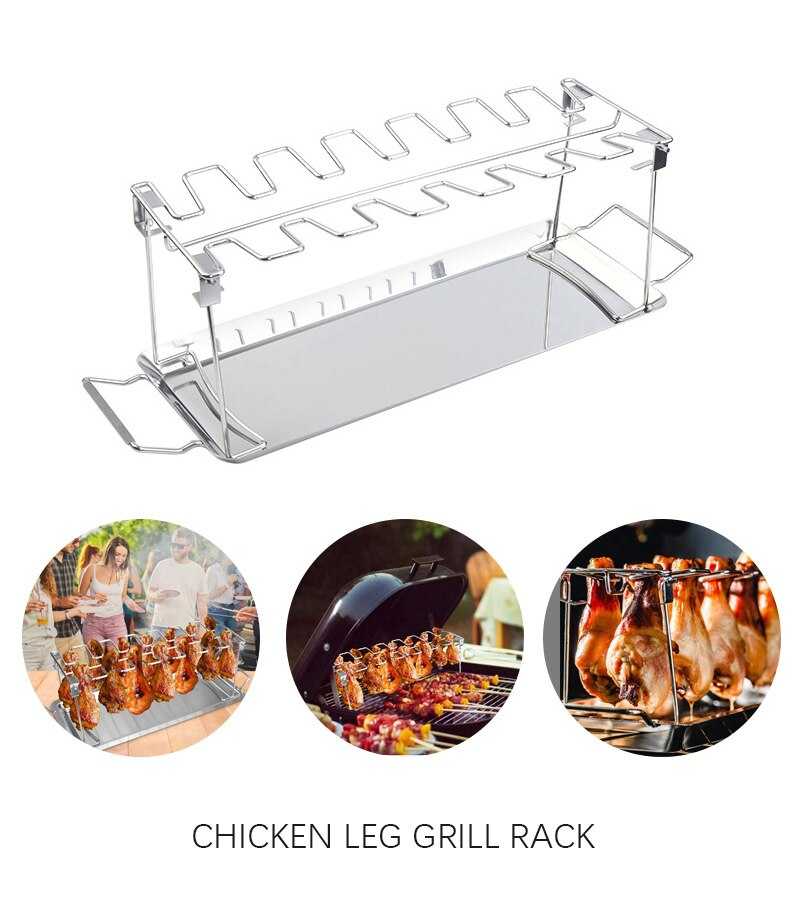 BBQ Beef Chicken Leg Wing Grill Rack 14 Slots Stainless Steel Barbecue Drumsticks Holder Oven Roaster Stand with Drip Pan Tools