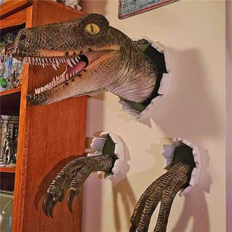 Wall Mounted Dinosaur Sculpture Wall Art Wall Bursting Dinosaur Bust Hanging Prop Replica Latex Home Wall Hanging Ornament