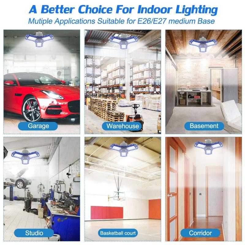 60W/40W LED Garage Lights 360 Degrees Deformable Ceiling Light Fixture Daylight for Workshop Warehouse Folding Three-Leaf Lamp