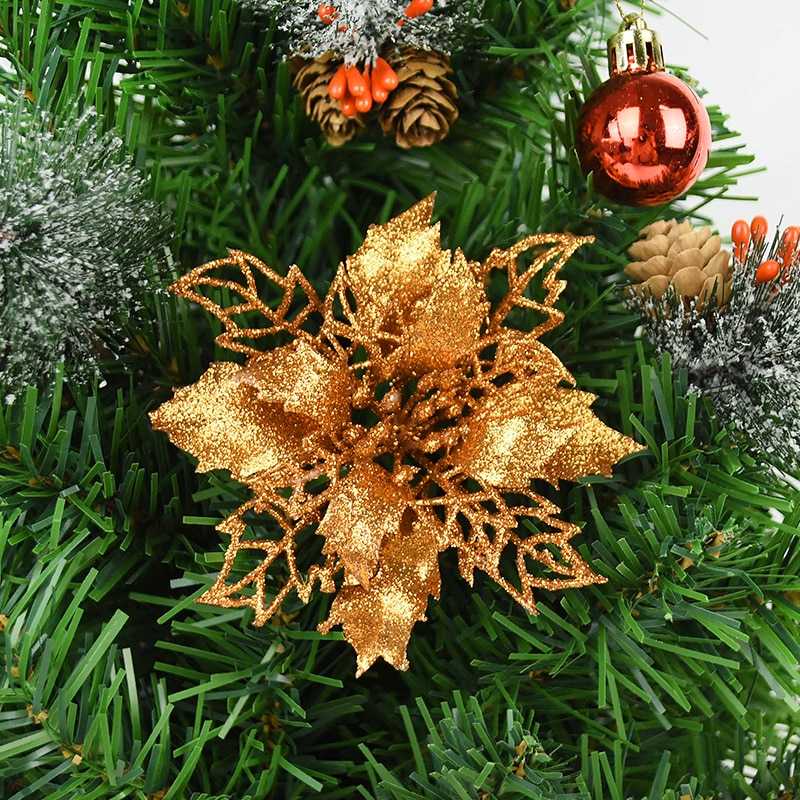 5pcs 9-16cm Glitter Artifical Christmas Flowers Christmas Tree Decorations for Home Fake Flowers Xmas Ornaments New Year Decor