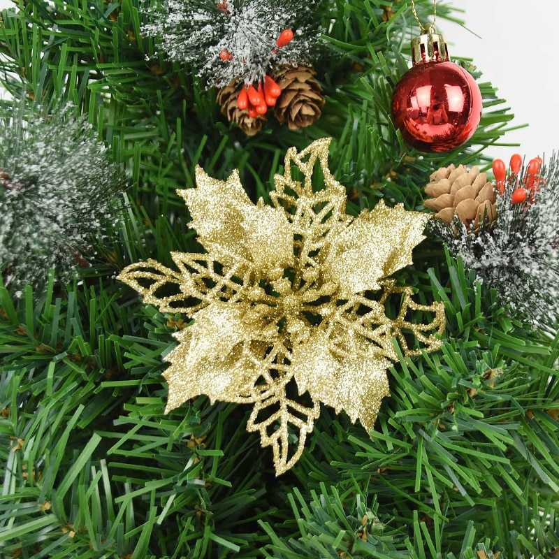 5pcs 9-16cm Glitter Artifical Christmas Flowers Christmas Tree Decorations for Home Fake Flowers Xmas Ornaments New Year Decor