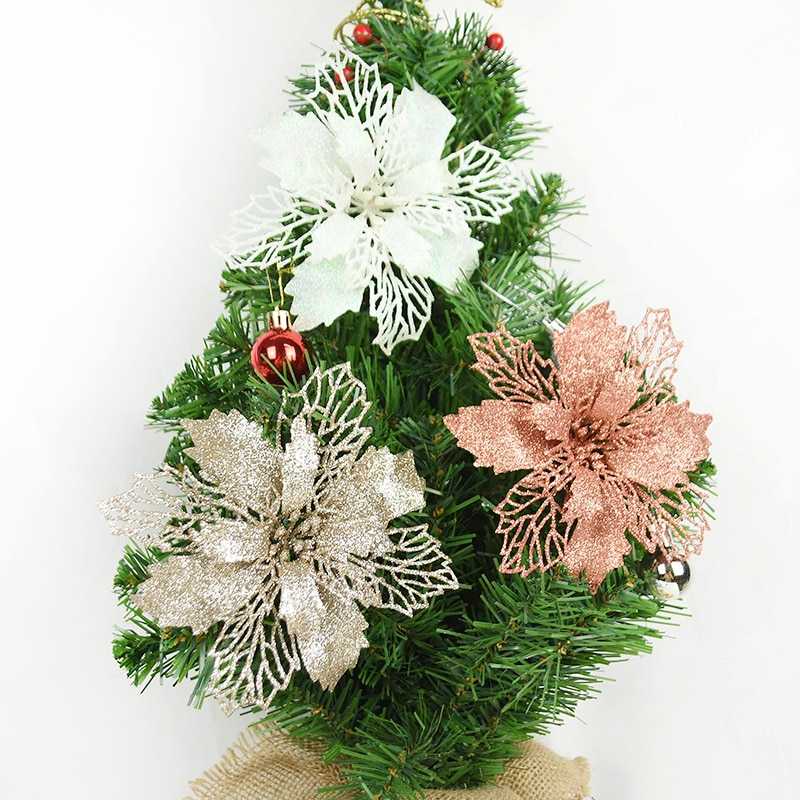 5pcs 9-16cm Glitter Artifical Christmas Flowers Christmas Tree Decorations for Home Fake Flowers Xmas Ornaments New Year Decor