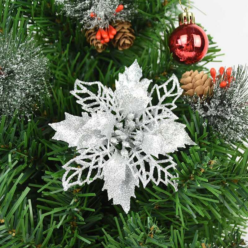 5pcs 9-16cm Glitter Artifical Christmas Flowers Christmas Tree Decorations for Home Fake Flowers Xmas Ornaments New Year Decor