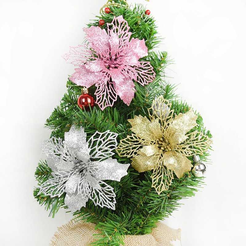 5pcs 9-16cm Glitter Artifical Christmas Flowers Christmas Tree Decorations for Home Fake Flowers Xmas Ornaments New Year Decor