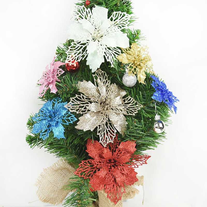 5pcs 9-16cm Glitter Artifical Christmas Flowers Christmas Tree Decorations for Home Fake Flowers Xmas Ornaments New Year Decor