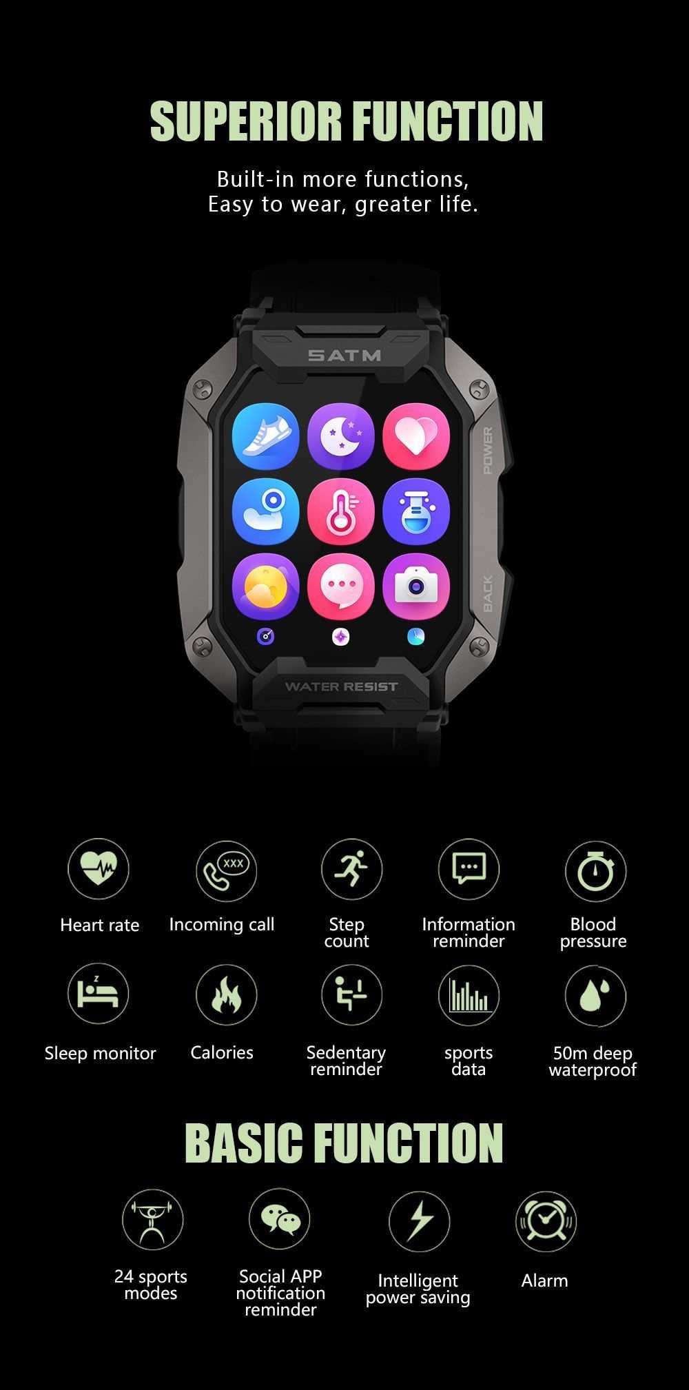 2022 New Full Touch Smartwatch For Android Xiaomi Blood Pressure Oxygen Fitness Watch 5 Atm Waterproof Smart Watch Men Military