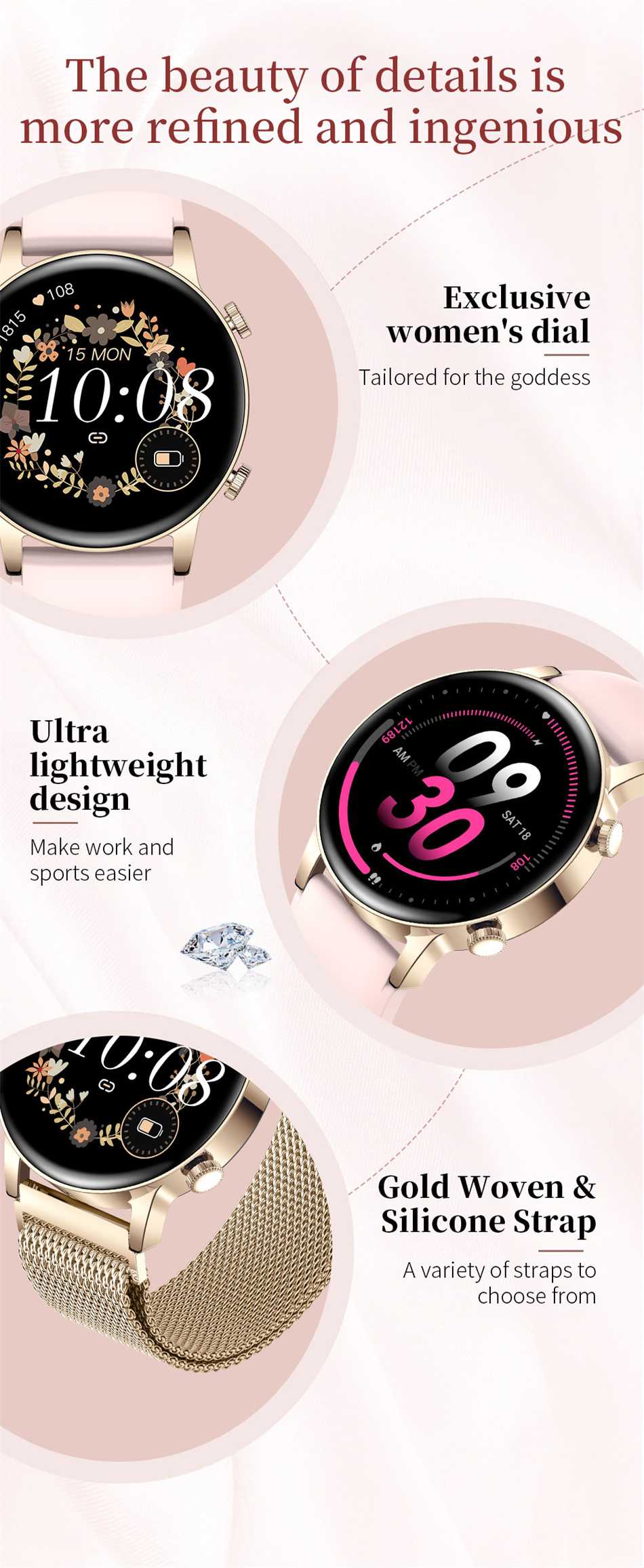 New Bluetooth Call Ladies Smart Watch Women AMOLED 360*360 HD Screen Always Display Watches Custom Dial SmartWatch For Xiaomi