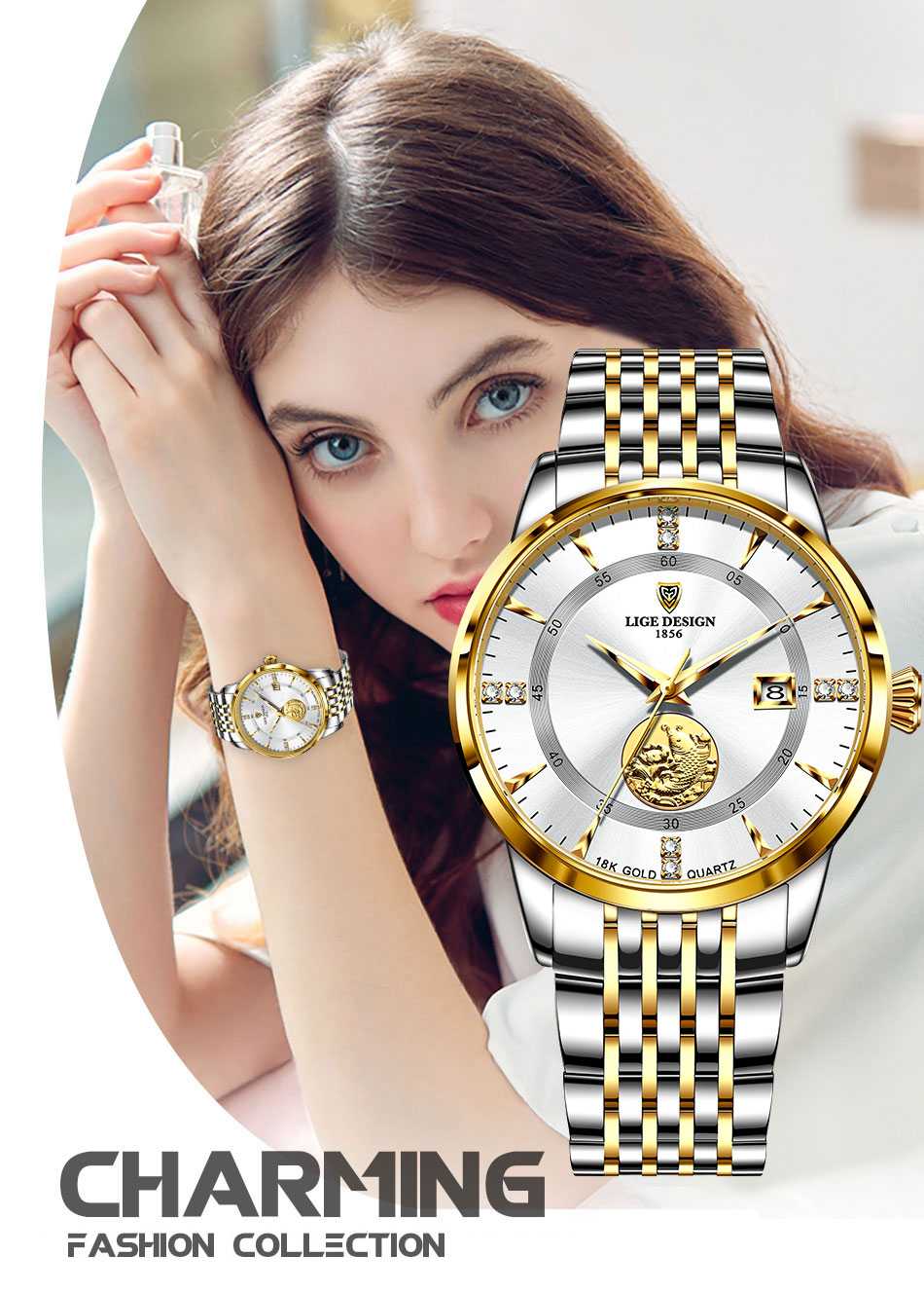 LIGE Women Watch Luxury Brand Fashion Ladies Watch Elegant Gold Steel Wristwatch Casual Female Clock Waterproof Montre Femme New