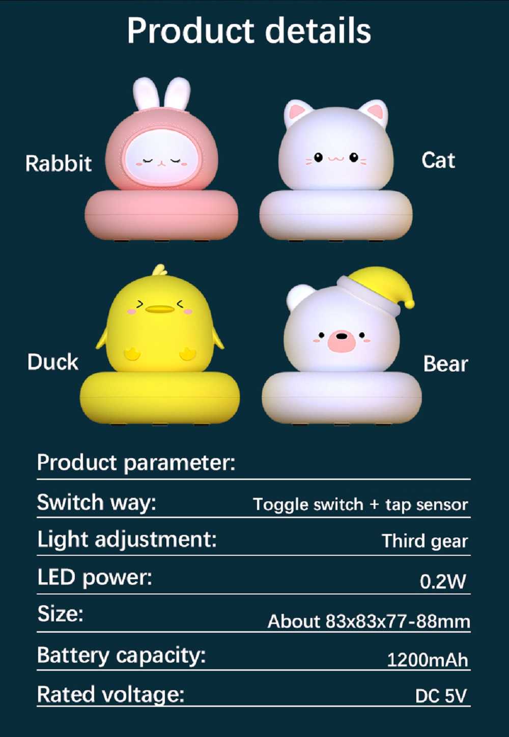 Children's Night Light Bear Rabbit Baby Nightlight Cute For Home Bedroom Kid USB Cartoon Led Lamp Christmas Gift